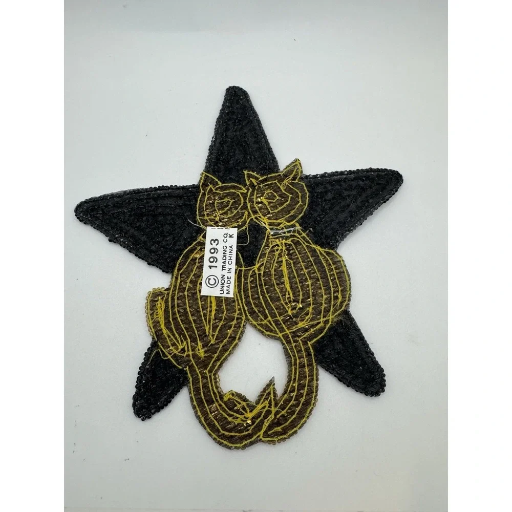 Sequined & Beaded Cats And Star Sew On Patch NOS Gold & Black